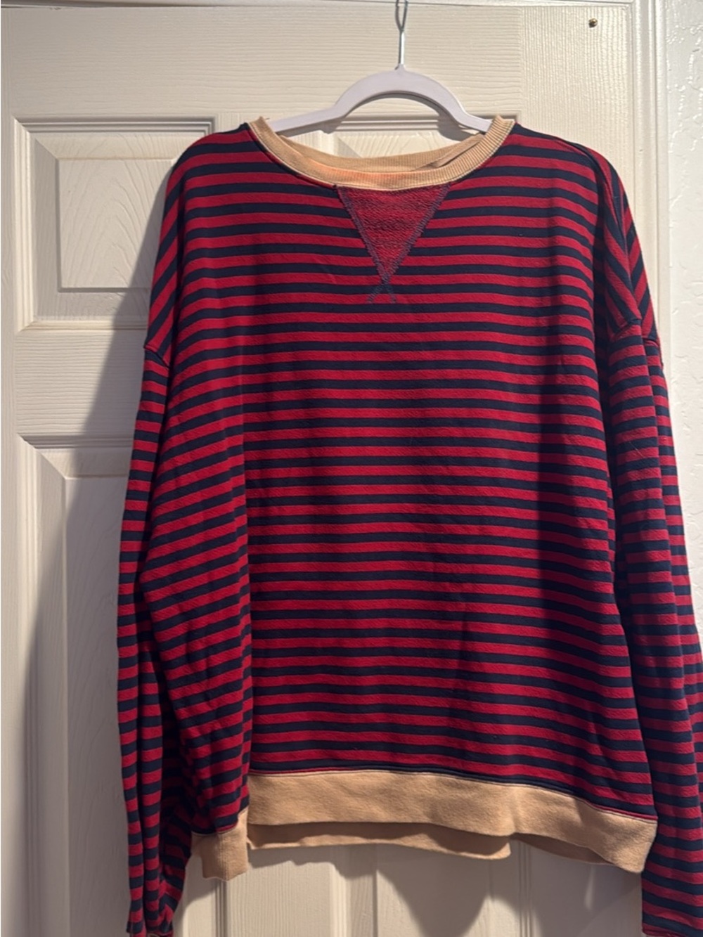 Striped Red and Navy Crewneck Sweater with Contrast Trim